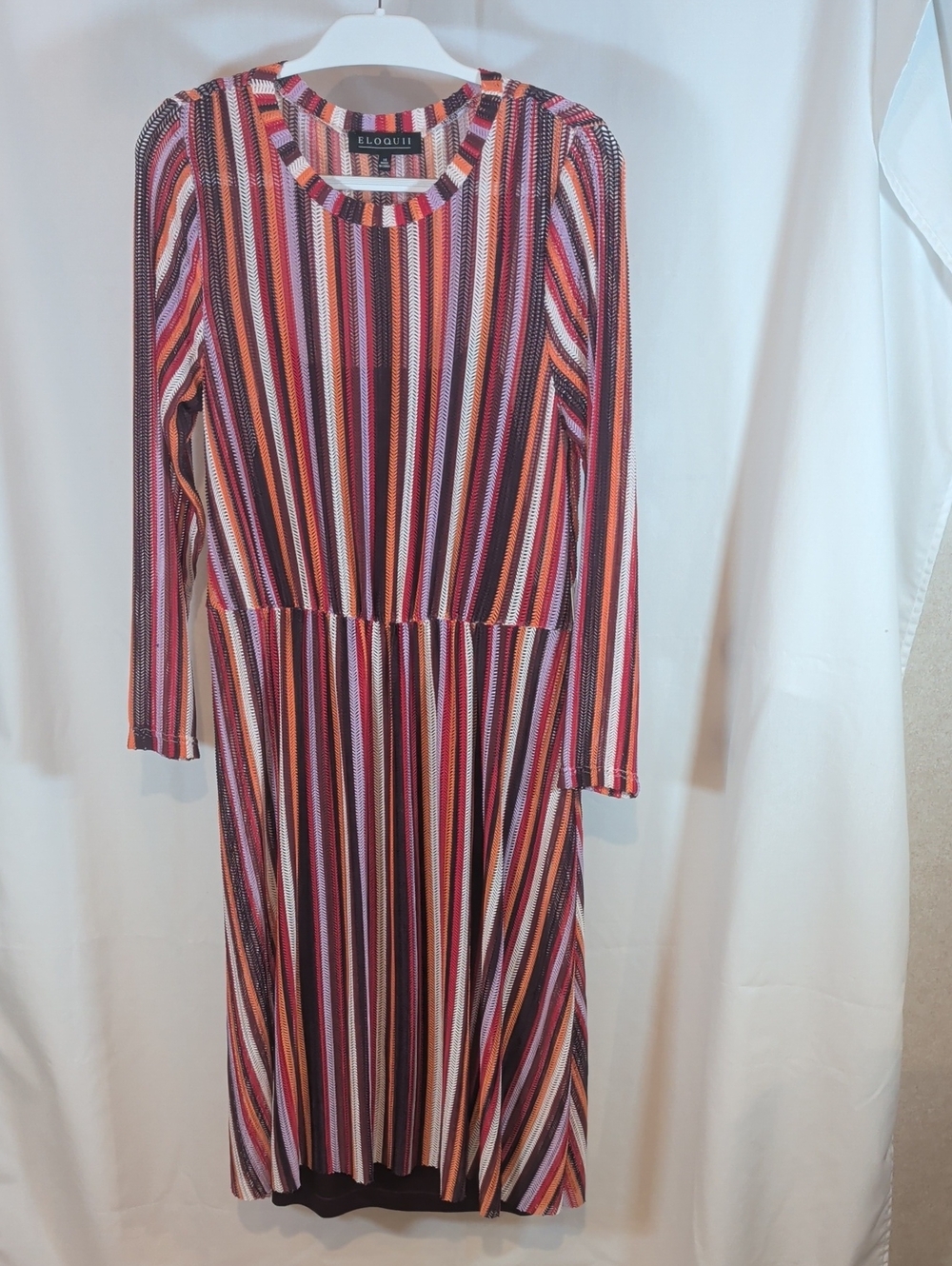 Eloquii Vertical Multi-Stripe Long Sleeve Midi Dress in Pink, Red, Orange